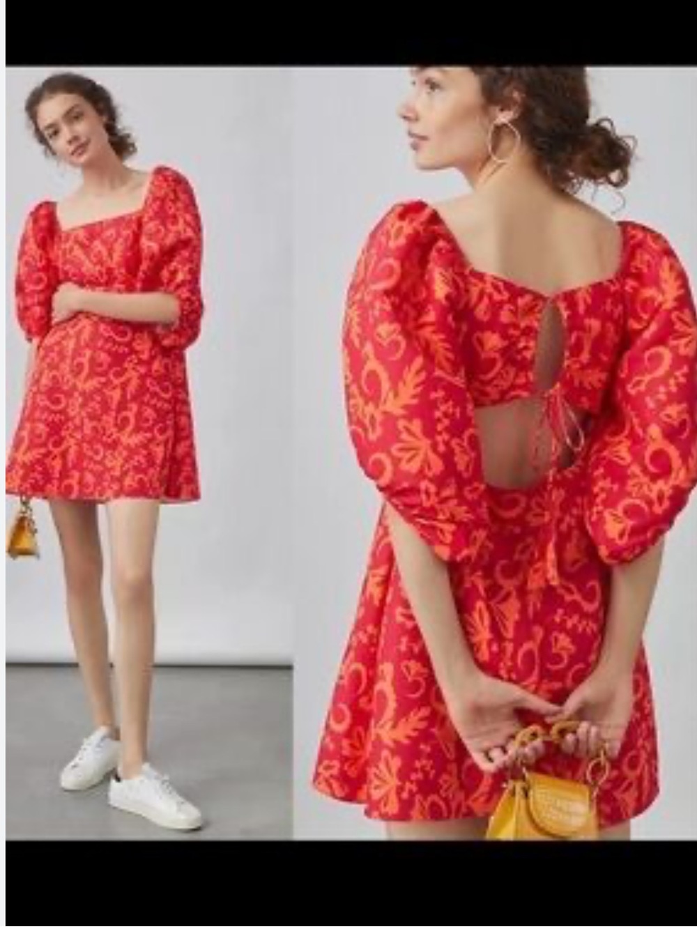 Anthropologie Red and Orange Floral Off-Shoulder puff sleeve Mini Dress XL